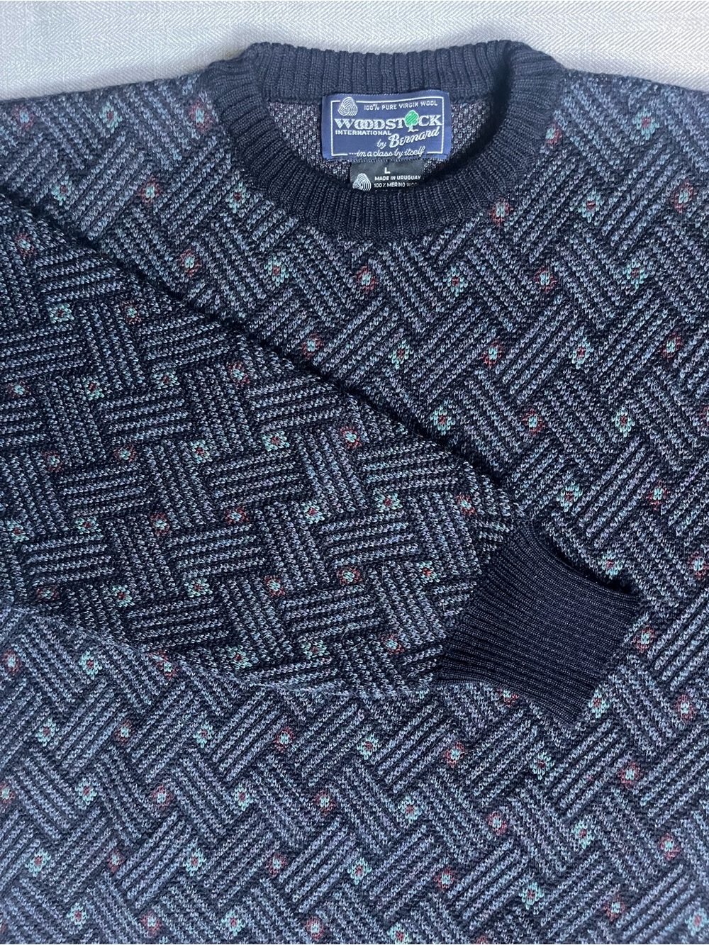 Vintage Chunky Knit 100% Pure Merino Wool Navy Geometric Pattern Grandpa Sweater